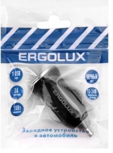 ERGOLUX ELX-CA01P-C02 ПРОМО (Автомобильный адаптер 1USB, 12В, 5V/2А, LED, Черный, Пакет )