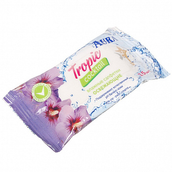 Салфетки влажные Aura, Тропический коктейль, освежающие, 15 шт, 6065