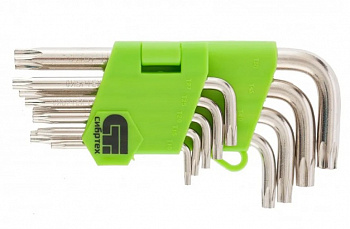Набор ключей имбусовых Tamper-Torx, 9 шт., TT10-ТT50, 45x, закаленные, удлиненные, никель// Сибртех