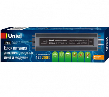 UET-VAF-200A67 12V IP67 2 выхода Блок питания ультратонкий, 200Вт. Металлический корпус. TM Uniel