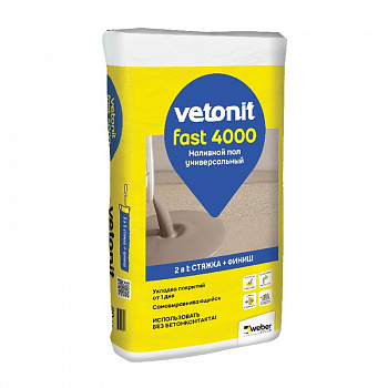 Наливной пол Vetonit Fast 4000 самовыравнивающийся универсальный быстротвердеющий, 20кг (54шт/под)