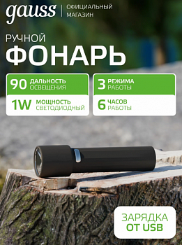 Фонарь ручной Gauss модель GFL202 1W 50lm  Li-ion 1200mAh LED 1/10/180
