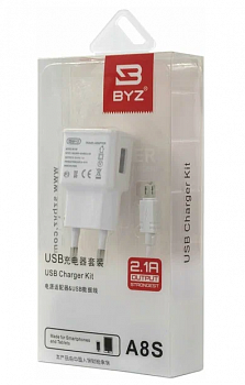 Сет. адаптер/зарядник/блок пит. 220V-5V BYZ TU8, 1хUSB-А, 2.4А+кабель (AM-microBM), 1 м, белый