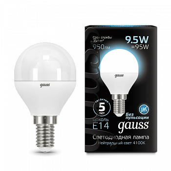 Лампа Gauss LED Шар E14 9.5W 950lm 4100K 1/10/50