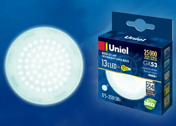 LED-GX53-13W/NW/GX53/FR PLZ01WH Лампа светодиодная, матовая. Белый свет (4000K). Картон. ТМ Uniel