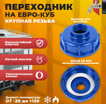 Переходник на еврокуб крупная резьба 60мм на 3/4" синий