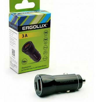 ERGOLUX ELX-CA01-C02 (Автомобильный адаптер 1USB+1Type C, 12В, 5V/3А, LED, Черный, Коробка)