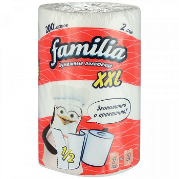 Полотенце бумажное 2 сл, 1 рулон, бел, Familia, XXL, 5039303