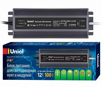 UET-VAF-100A67 12V IP67 Блок питания ультратонкий, 100Вт. Металлический корпус. TM Uniel